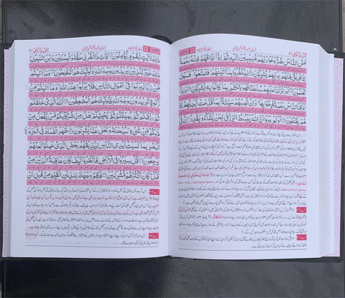 Aasan Tarjuma Quran by Dr Israr Ahmed - close-up of two-colour Urdu print with ayat and translation numbering
